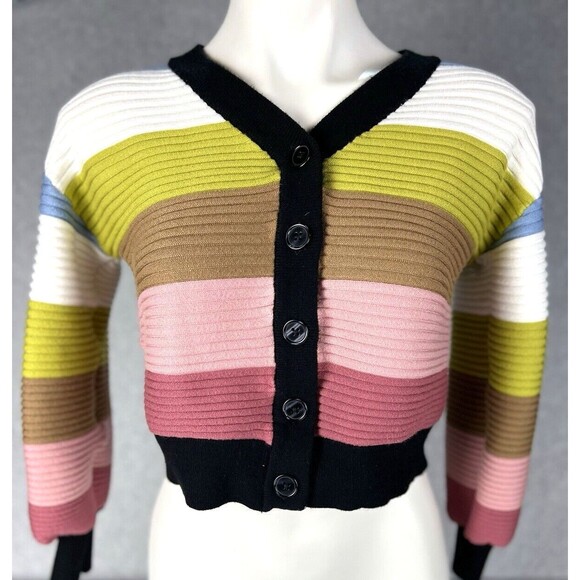 Industry Sweater Womens Small Petite Black Cropped Balloon Sleeve Y2K Striped - Picture 2 of 14